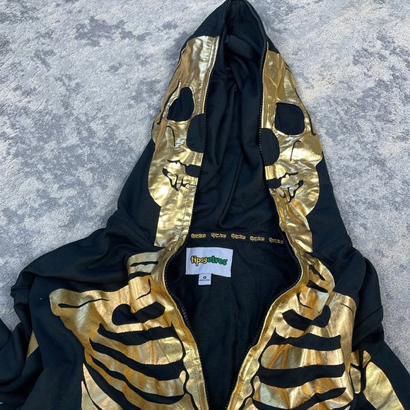 NWT Tipsy Elves Gold Skeleton Costume Zip Hood Onesie Jumpsuit Black Sz M - Picture 13 of 14